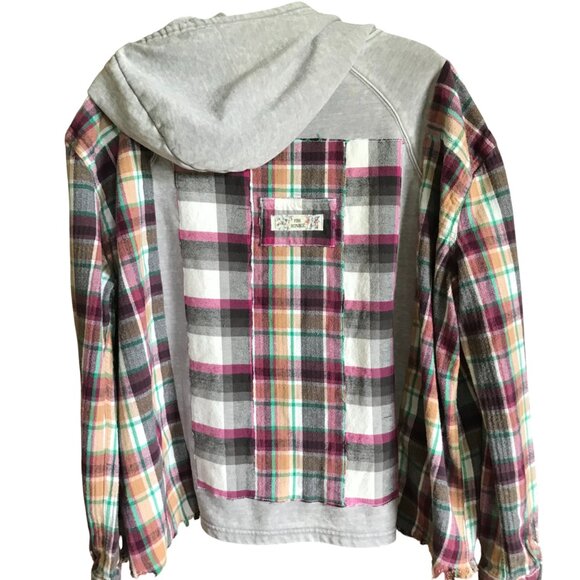 Patchwork Hoodie, Plus Size XL-2X: Upcycled Gray Magenta Plaid Boho Jacket - Picture 1 of 15